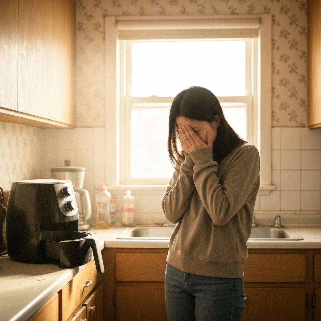 Freidora de aire sucia y con polvo en cocina con mujer triste mirándola